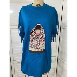 Vintage Hand Crafted Native American Theme T Shirt Teal Sz Large Fringe Beads